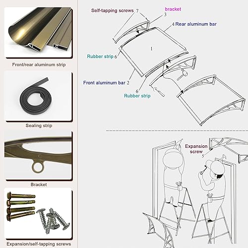 Miniatura 9 de Diseño de fregaderosilenciosoautolimpiantecubierta de policarbonato transparente de alta resistencia a los impactos, toldo de aluminio para puerta