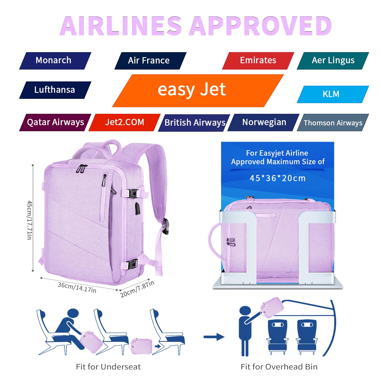 Leyrica Zaino da Viaggio per Easyjet 45x36x20, Bagaglio a Mano Borsone Cabina Zaino per Viaggiare in Aereo per Laptop Daypack Casual Zaino Università Zaino (Viola)