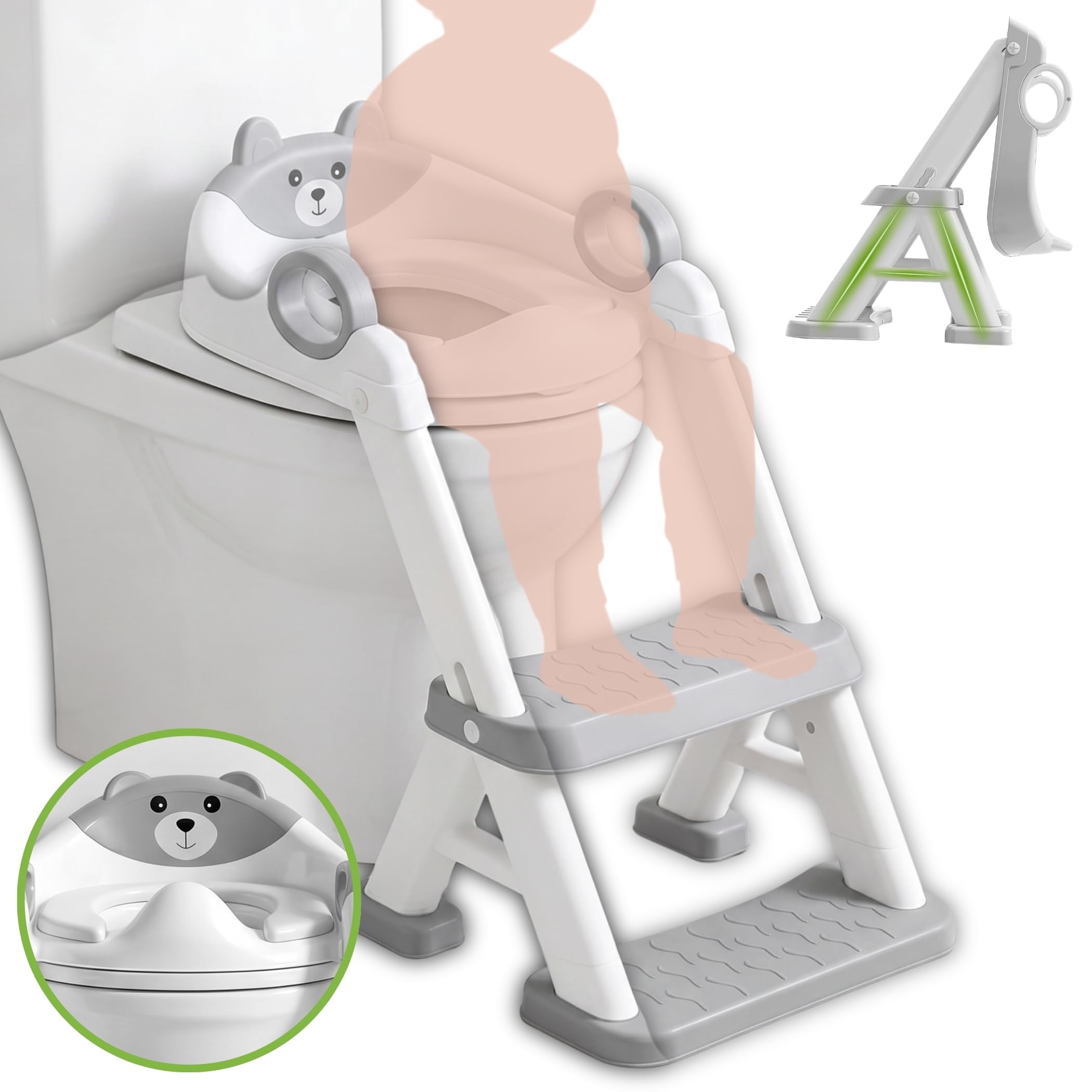 Adaptador WC Niños con Escalera Antideslizante, Asiento Adaptador para Inodoro Infantil con Escaleras Reforzadas y Cojín Desmontable, Plegable, Seguro y Estable, Entrenamiento para Dejar el Pañal