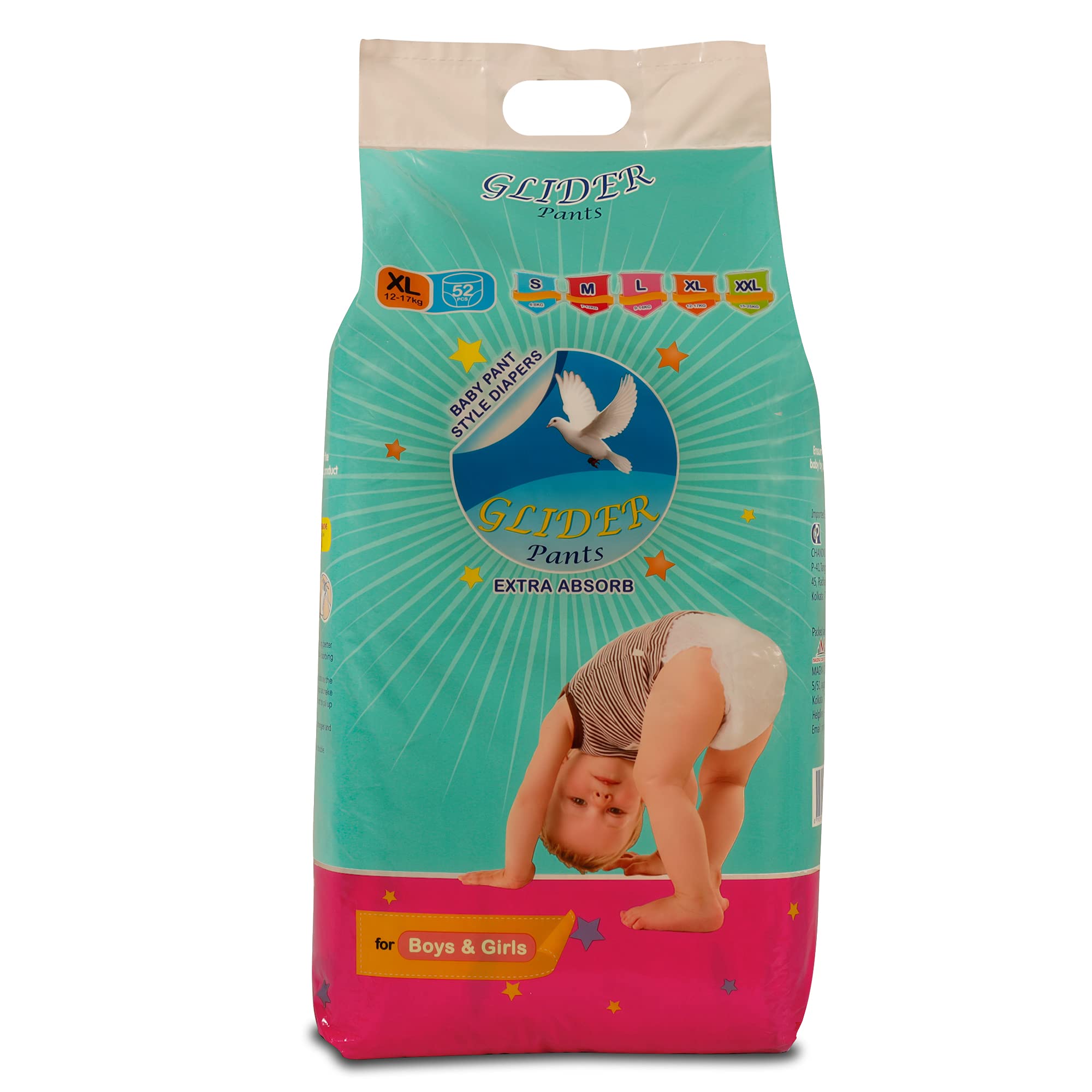 Glider Baby Pants Diapers with Wetness Indicator and High Absorbency, X-Large (12-17 kg), 52 Count