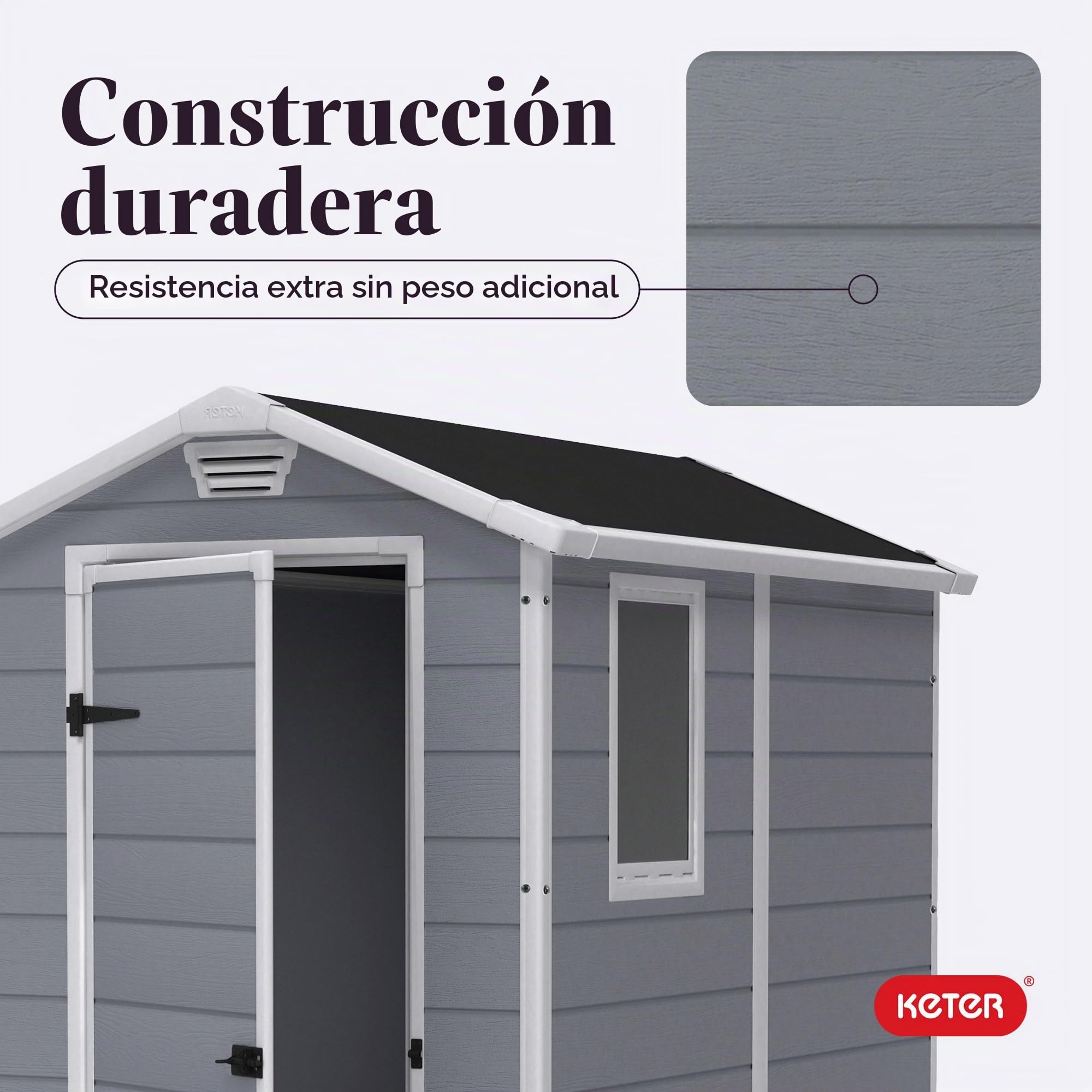 KETER Manor - Cobertizo de almacenamiento exterior, fabricado en resina, ideal para guardar muebles y herramientas de jardín, accesorios de bicicletas, sillas de playa, un cortacésped (gris y blanco, 1,22 x 1,83 m)