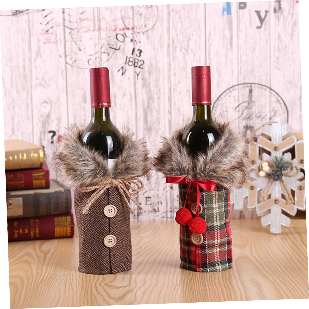 ERINGOGO 2 Pièces Housses de Bouteille Vin Noël Lot Décorations Festives Toile de Jute Carreaux Rouge pour et