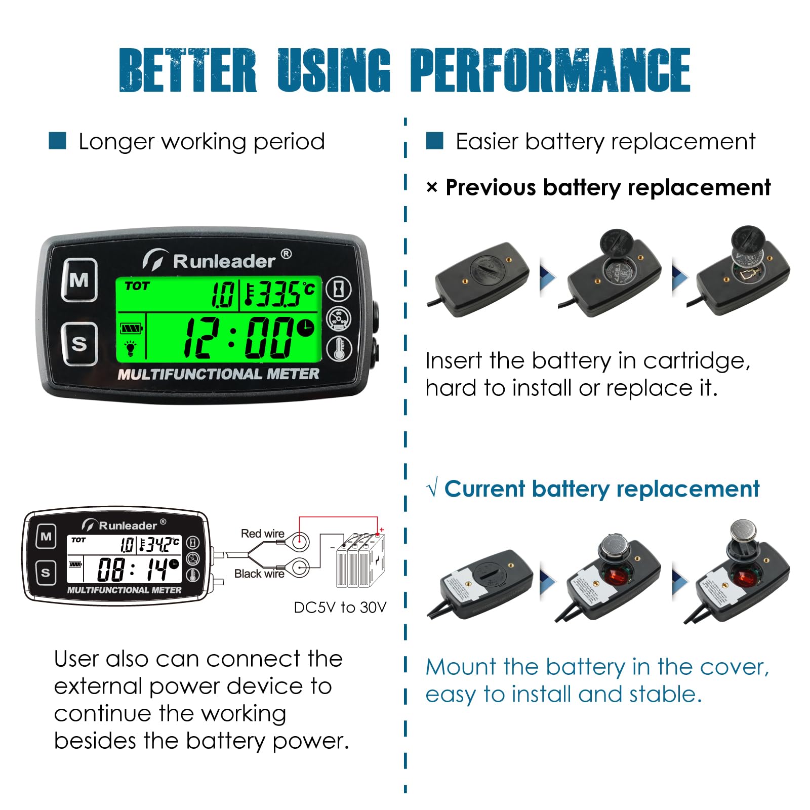 Runleader Indicador de Temperatura del Motor Digital, Tacómetro de Horas de Mantenimiento, Reemplazo de Batería y Fuente de Alimentación Externa de CC 5V a 30V para Motores de Gasolina,Cortacésped