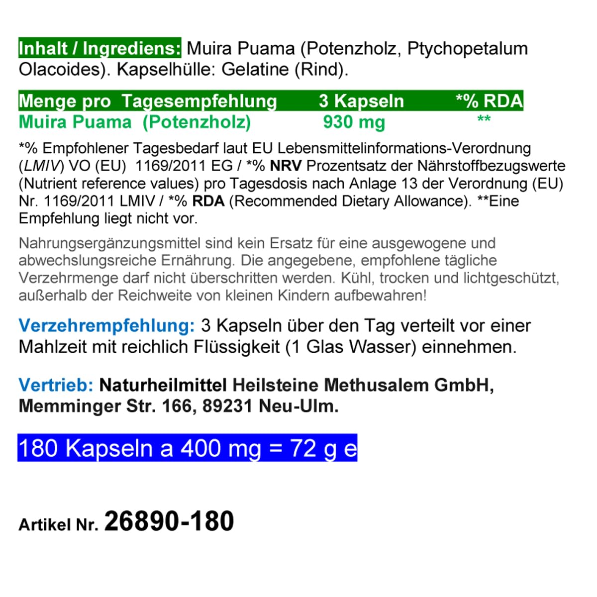 Potenzholz Potenzbaum Muira Puama 180 Kapseln POWERMAN Rindenpulver für Mann & Frau - NATUR PUR ohne ZUSATZSTOFFE. 26890-180