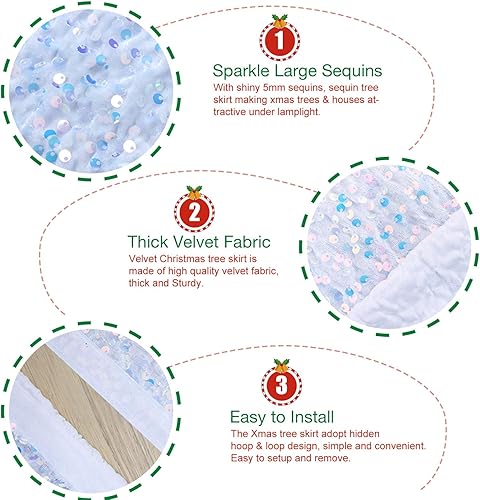 Miniatura 4 de Falda de árbol de Navidad con lentejuelas blancas de 21 pulgadas, falda de árbol de Navidad iridiscente con purpurina iridiscente, faldas de árbol