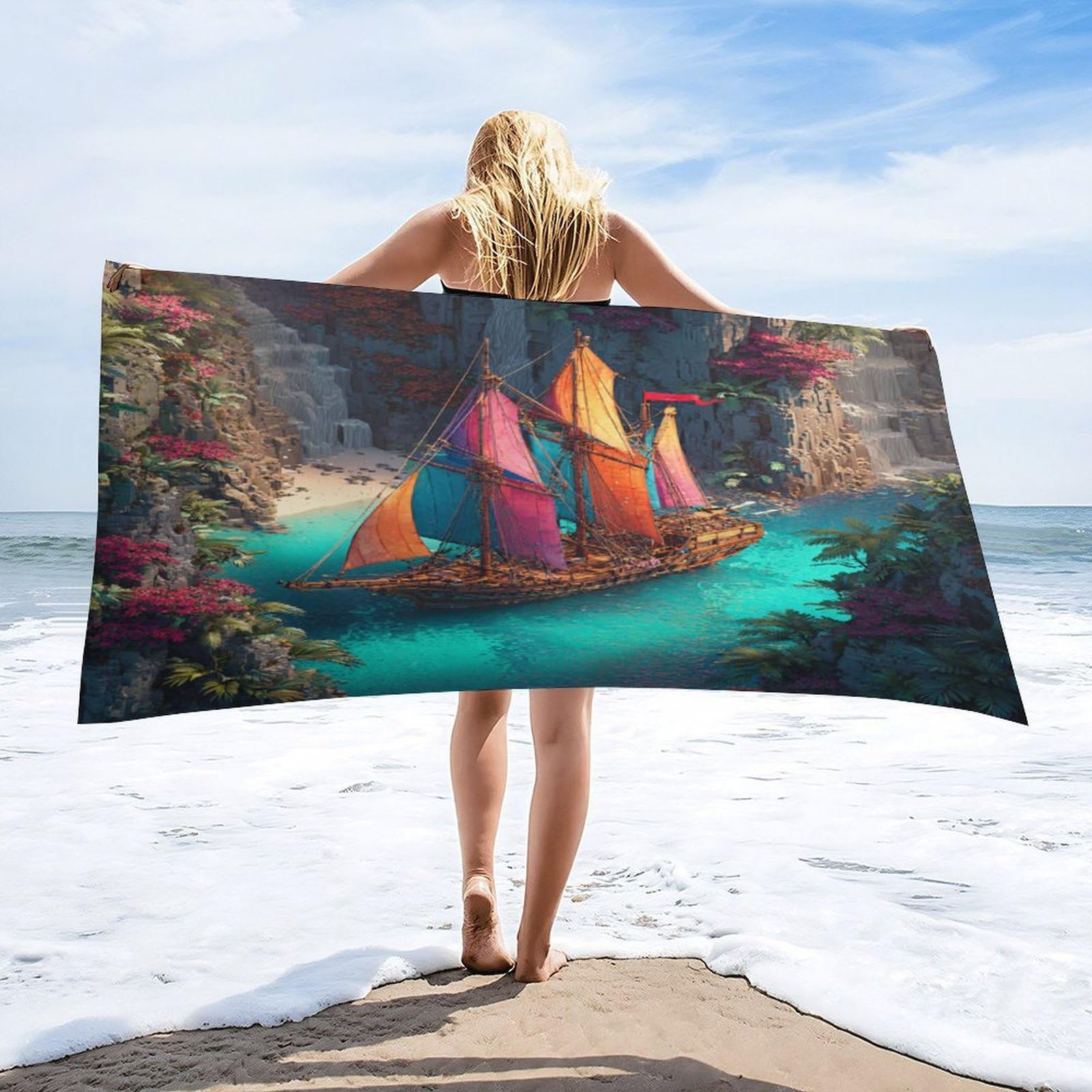 Luyysky Retro Abstract Pirate Ship Quick-Drying Beach Towel, Modern Realistic Nautical Tropical Cliff Sea Boat Plant Flowers Travel Vacation Single Sided Pile Bathroom Towels-80 W Cm X 160" L Cm