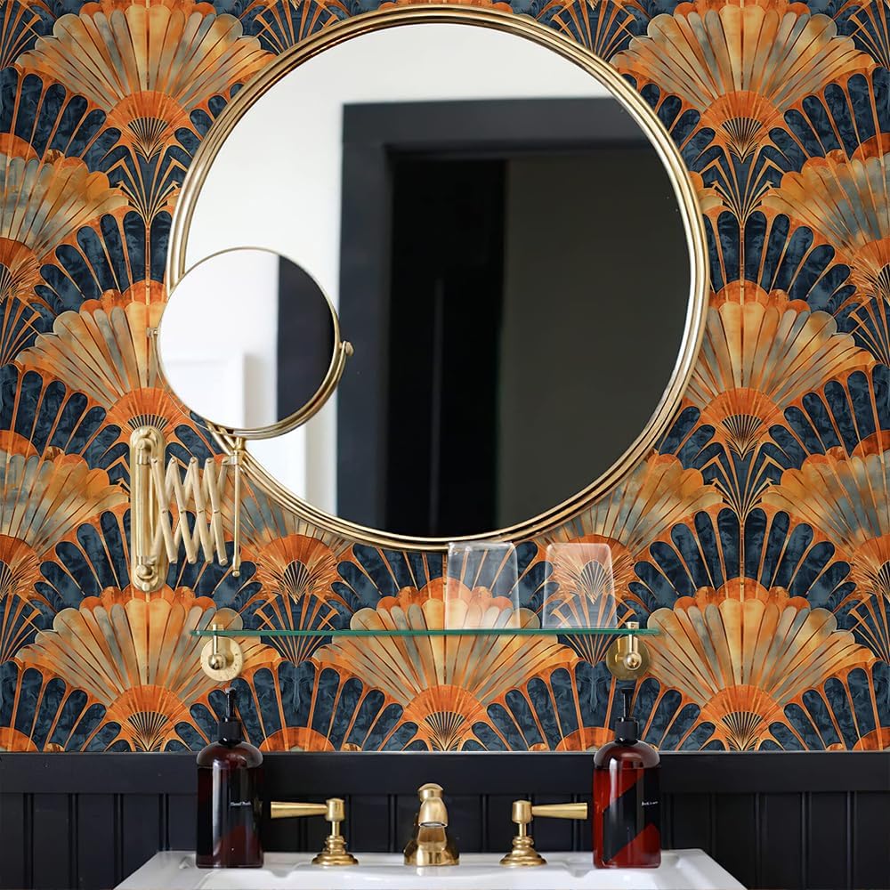 MuralPeel Orange Navy Geometric Mosaic Scale Vintage Peel and Stick Wallpaper Self Adhesive Removable Easy Peel Off Stick on Wall Paper for Bedroom Cabinet Renter