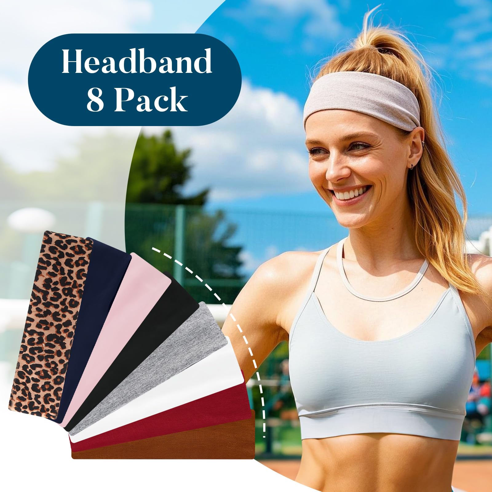 RUIOMII 8Pcs Sports Headband, Soft Elastic and Sweat Absorbing Headbands for Women's Hair Elastic Headband - Image 2