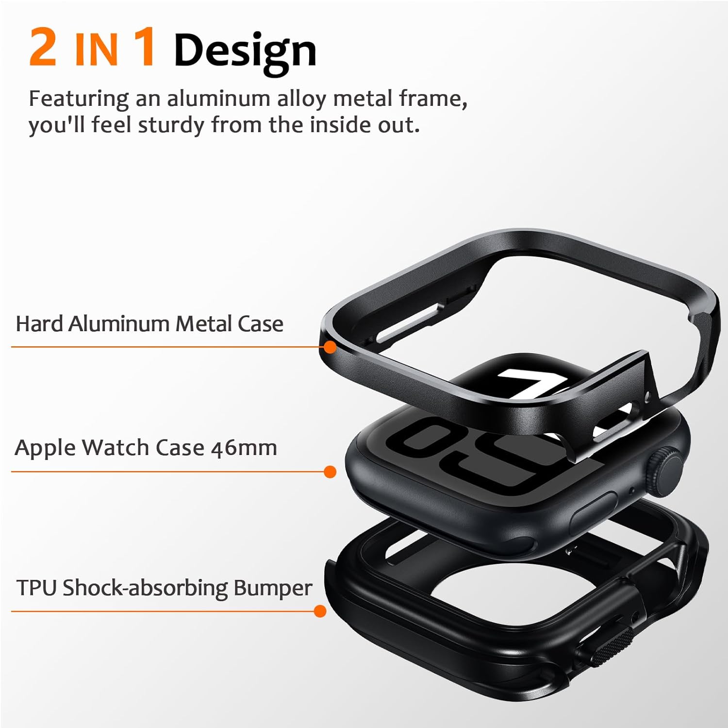 Amizee 2 in 1 Metal Rugged Case Compatible with Apple Watch Series 11/10 46mm, Aluminum Shockproof Protective Bumper Cover for iWatch 46mm, Black - Image 2