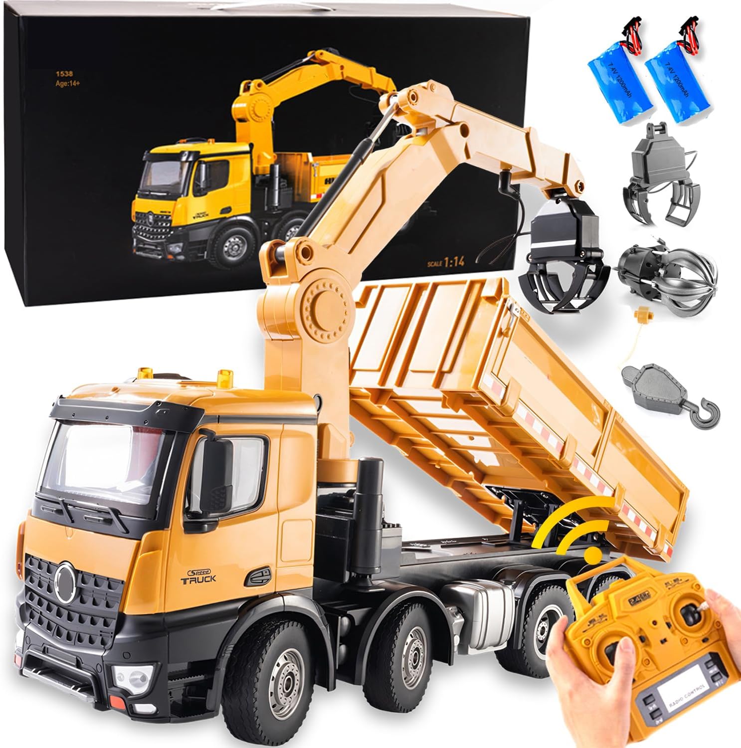 20-Inch 3 in 1 Remote Control Dump Truck Wood Grabber 26-Channels 1/14 Scale 6.6LBS Load Capacity RC Heavy Duty Metal Construction Vehicles Toy for 14Y+ Beginners (8 Wheels 2Batteries)