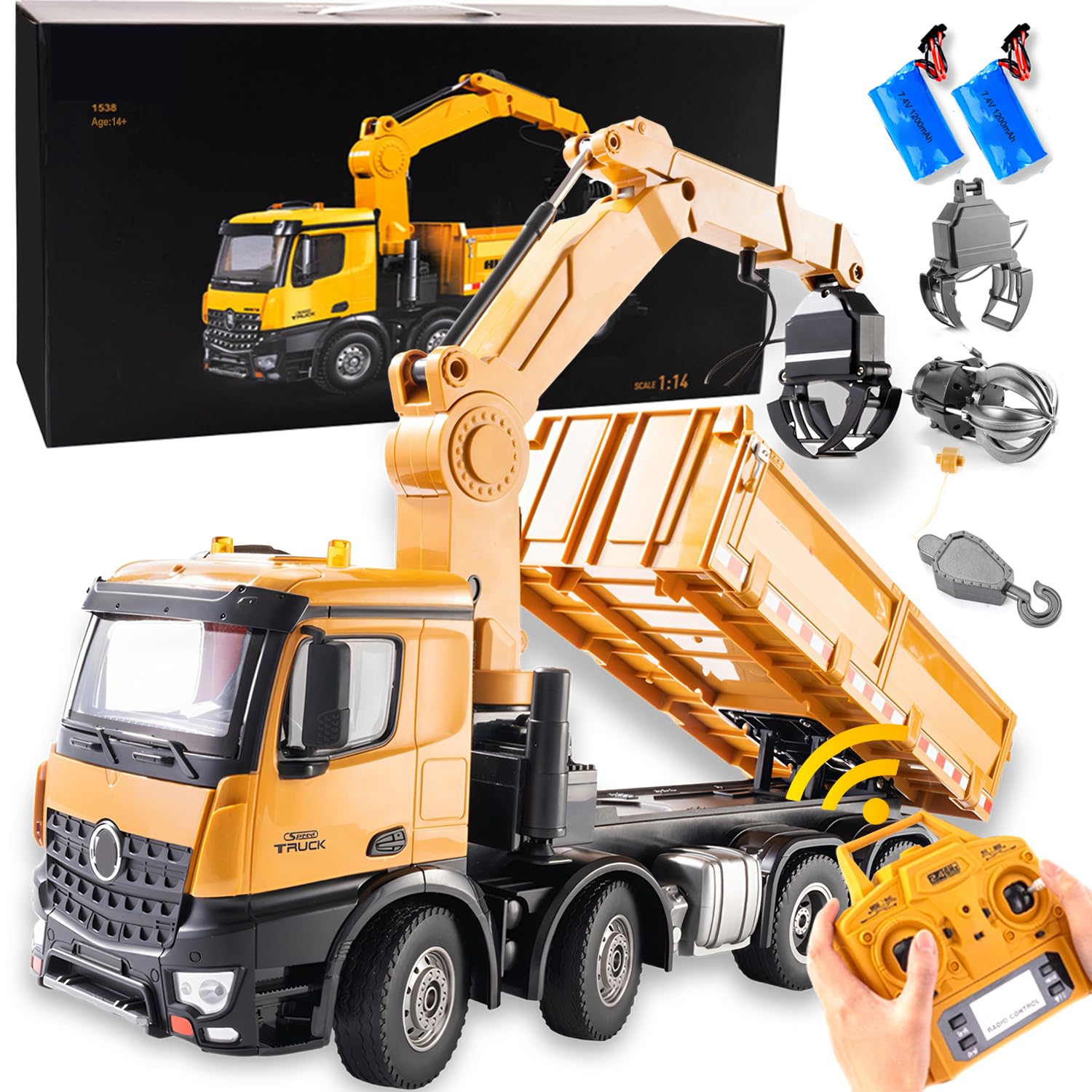 20-Inch 3 in 1 Remote Control Dump Truck Wood Grabber 26-Channels 1/14 Scale 6.6LBS Load Capacity RC Heavy Duty Metal Construction Vehicles Toy for 14Y+ Beginners (8 Wheels 2Batteries)