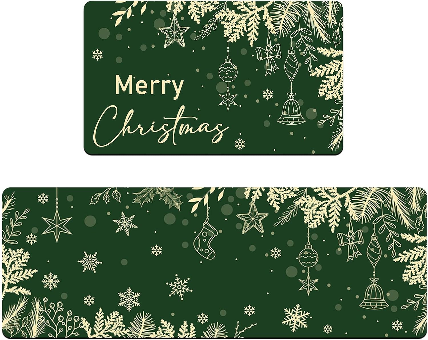 Mocsicka Merry Christmas Kitchen Mats Set of 2 Green Xmas Pine Branches Leaves Bells Snowflake Winter Christmas Decor Low-Profile Christmas Kitchen Rugs for Floor, 17x30 and 17x47 Inches