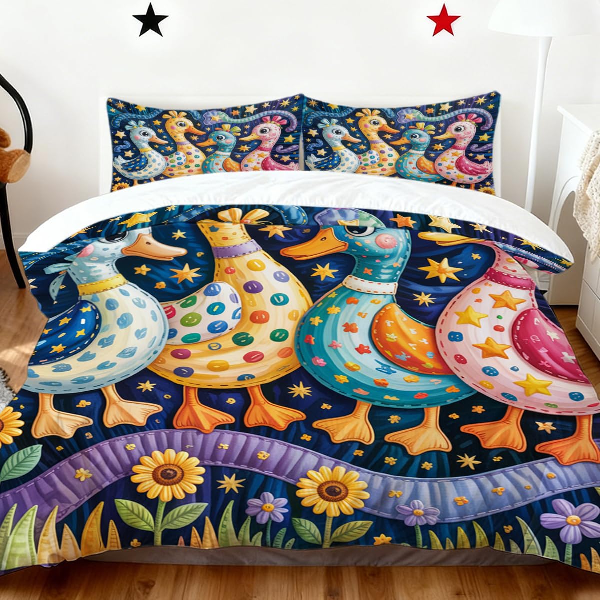 BlessLiving Four Ducks Double Bedding Set: Botanical Sunflower Print Duvet Cover- Star Ducks Quilt Cover with 2 Pillowcases