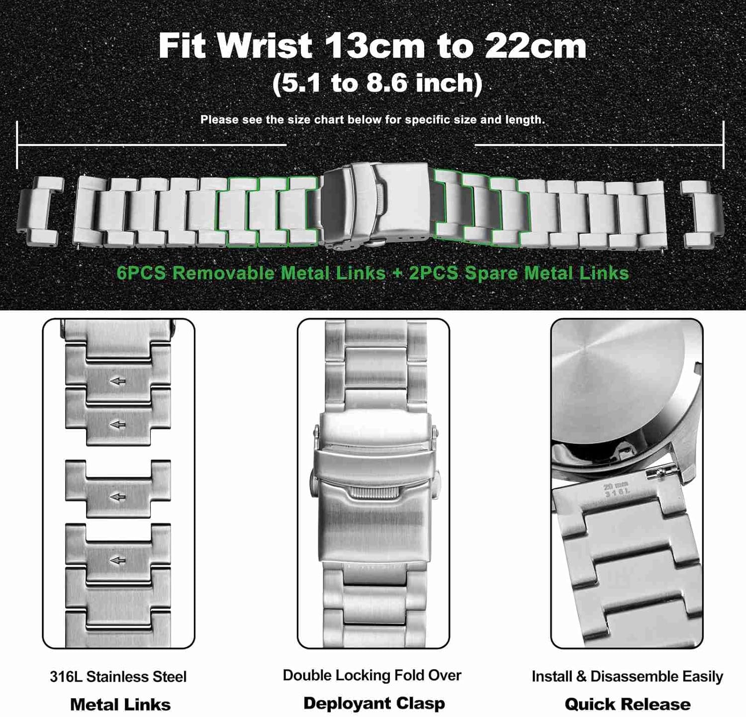 WOCCI 21mm Heavy-duty Metal Watch Band for Men, 316L Stainless Steel, Double Locking Deployant Clasp (Silver)