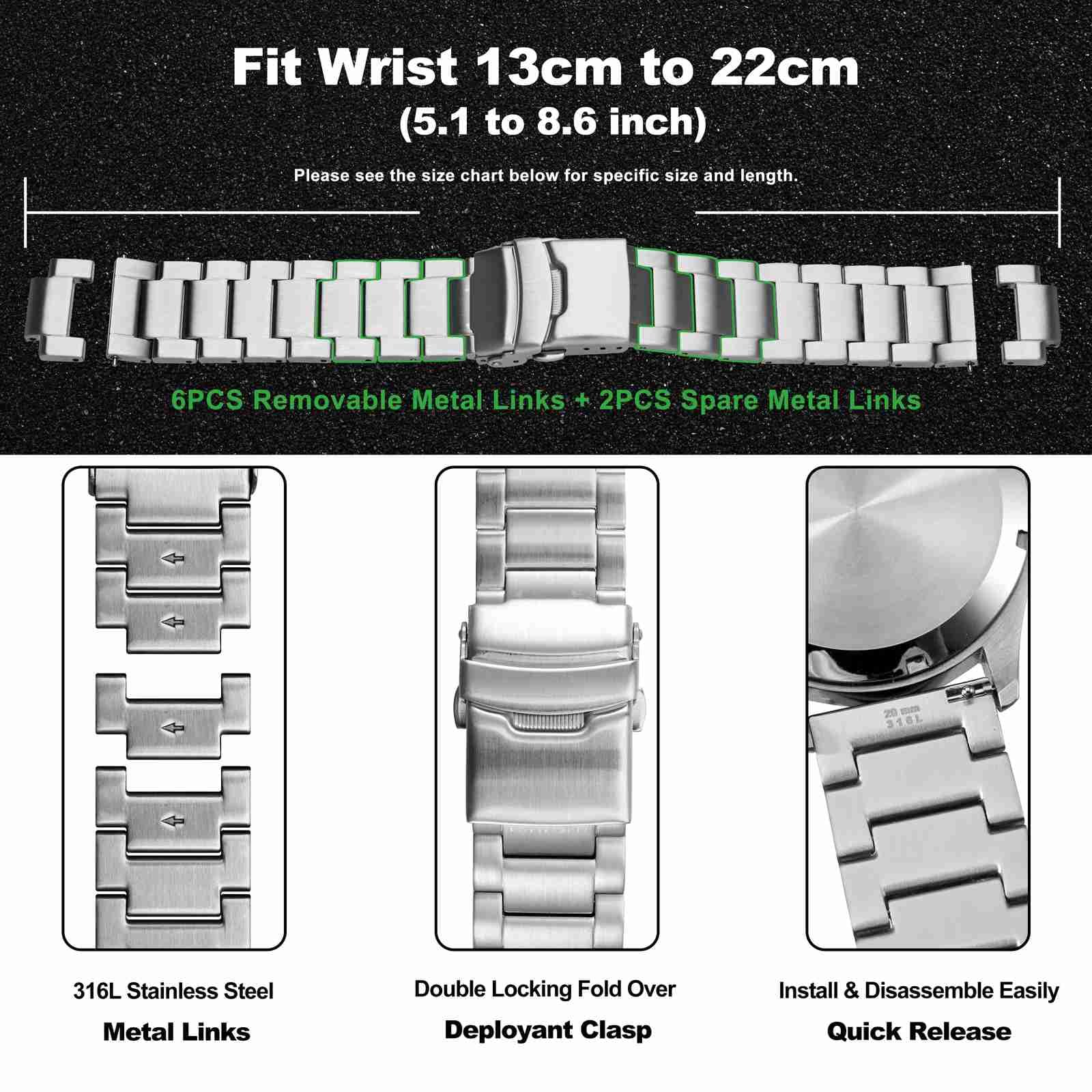 WOCCI Correa de Reloj de Metal Resistente, Correas de Repuesto de Acero Inoxidable 316 L, Cierre Desplegable, Ancho de Lengüeta de Reloj Compatible 18mm 20mm 22mm 24mm