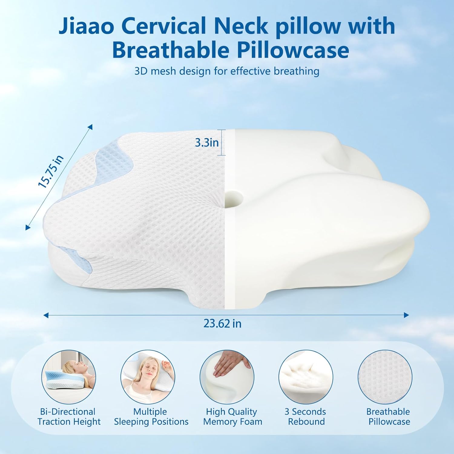 Cervical Neck Pillows for Neck Pain, Ergonomic Pillow More Deep Sleep, Adjustable Height, Extra Comfortable Suitable for Side, Back, and Stomach Sleepers, with 3D Mesh Pillowcase(Blue)