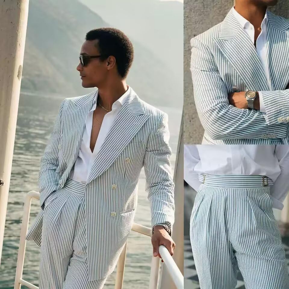 HUUTOE Mens 2 Piece Seersucker Prom Suit Double Breasted SearSucker Suit Summer Beach Wedding Suits for Men Tuxedo Set4