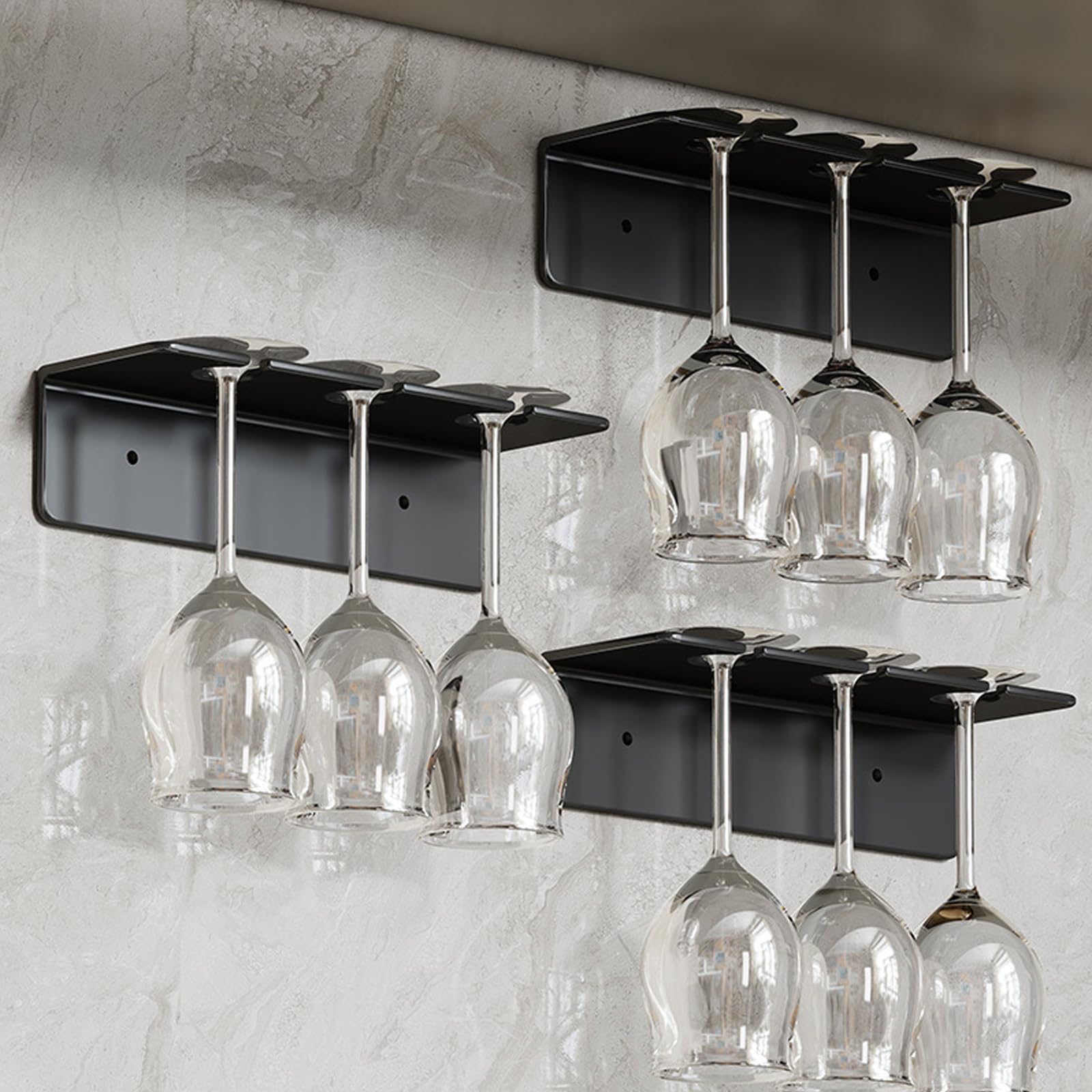 3 Pezzi Porta Bicchiere da Vino Sospeso Supporto per Calici da Vino Metallo Portabicchieri Sospeso da Parete Senza Foratura Portacalici Sottomensola per Cucina Bar Ristorante (Nero)
