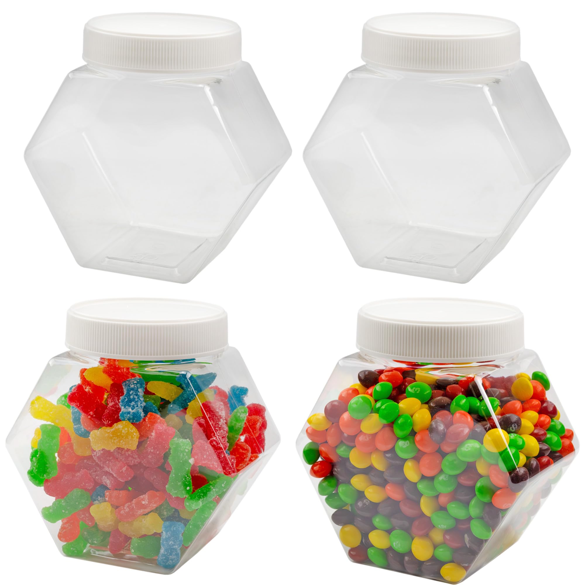 Cornucopia Brands Plastic Hexagon Shaped Jars (4-Pack, 30oz); Value Pack of Containers for Snacks, Gifts and Storage, 2 1/2 Cup Capacity, 5 x 5 x 3 Inches
