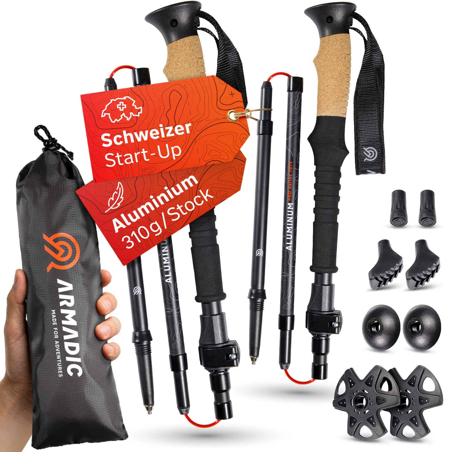 Bastones de senderismo plegables de carbono y aluminio (solo 240 g/295 g) con mango de corcho | Bastones de trekking ultraligeros y ajustables sin niveles, para marcha nórdica, 115-135 cm/100-120 cm, para hombre y mujer