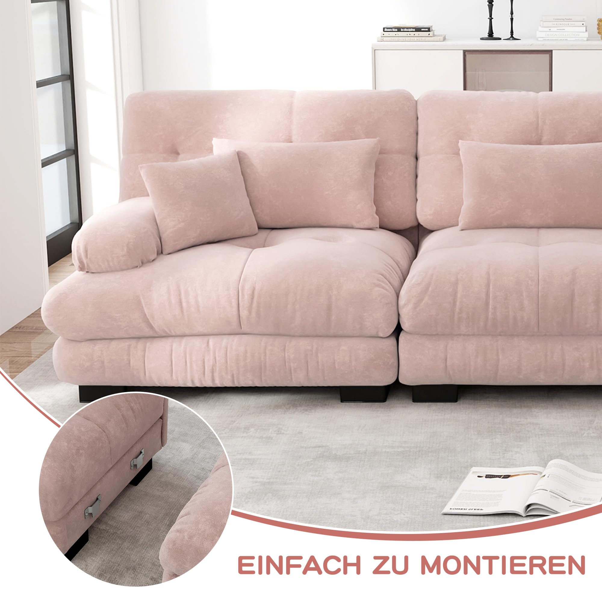 SUKY Sofá esquinero modular en forma de L de 4 plazas, cómodo sofá en la nube, chenilla, otomano móvil, combinación de bricolaje, color rosa