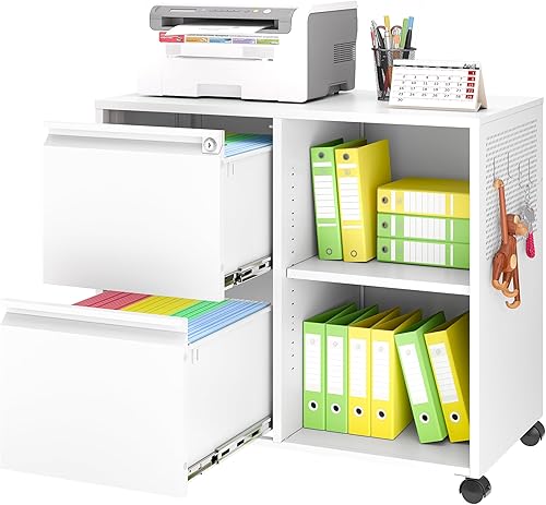 BYNSOE Archivador móvil de 2 cajones con cerradura, archivador lateral, soporte de impresora con estantes de almacenamiento abiertos para oficina en