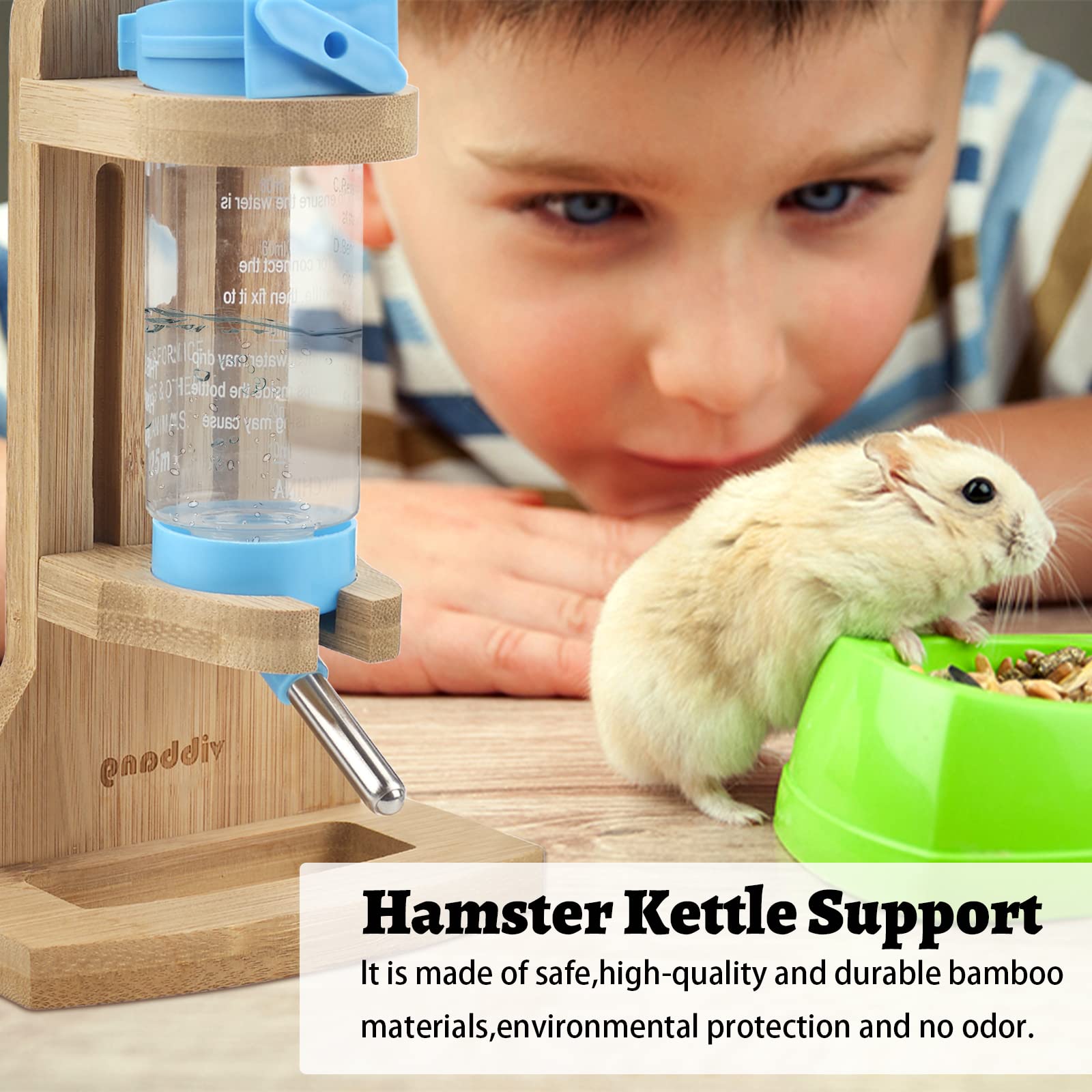 Vibbang Bebedero Hamster, Bebedero Conejo, Dispensador de Agua para Beber Roedores, con Soporte de Madera Ajustable, de Agua Alimentador Cristal para Cobayas Hurones Conejos Pequeños Animales(125 ML)