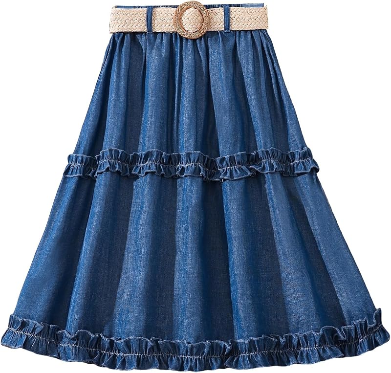 Girl's Cute High Elastic Waist Frill Trim A Line Flared Swing Flowy Midi Skirt