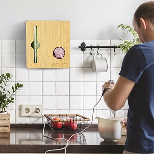 Miniatura 2 de Giklux Soporte de rollo dispensador de bolsas de basura gruesa, soporte para bolsas de bambú, organizador de montaje en pared, para bolsas de basura