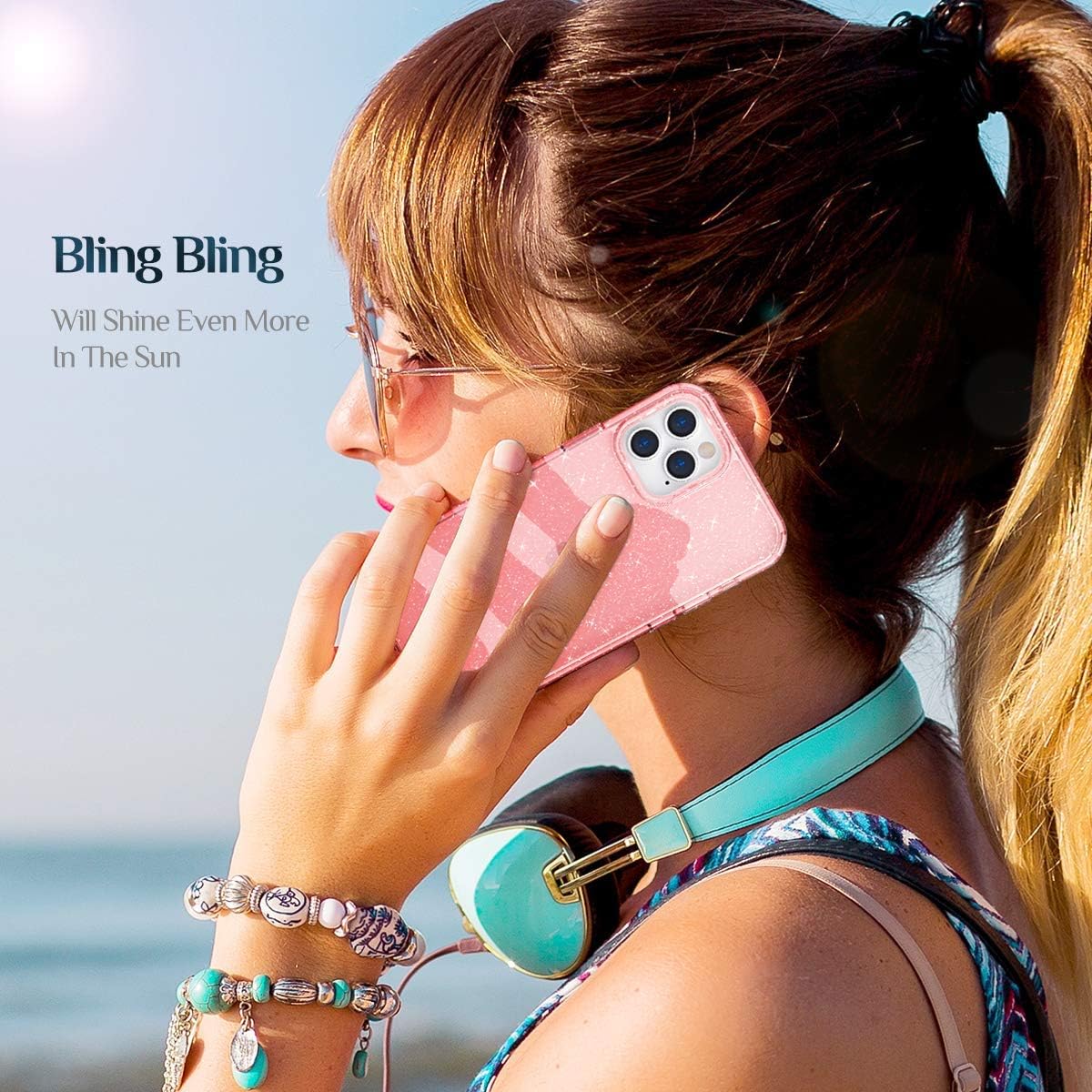 Facbiny Compatible with iPhone 12 Pro Max Case 6.7 Inch, Crystal Pink Bling Sparkle Shell,Hard Back with Soft TPU Bumper, [Military Grade Drop Tested] Protective Phone Case