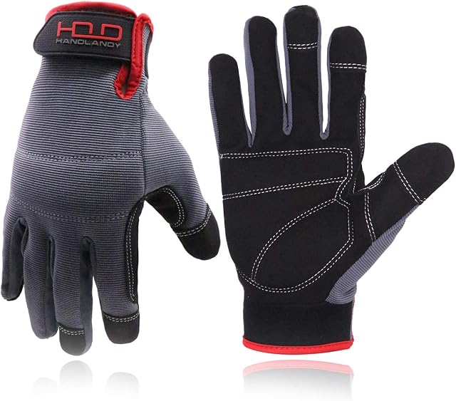 HANDLANDY Mens Work Gloves Touch screen, Synthetic Leather Utility Gardening Gloves, Flexible Breathable Spandex Back- Padded Knuckles & Palm (Large/ Size 9)