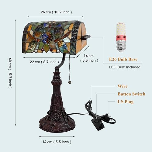 Miniatura 4 de Lámpara de escritorio antiguas con diseño de libélula de rosas, lámpara de mesa de banquero con cadena de tracción, lámpara de escritorio vintage