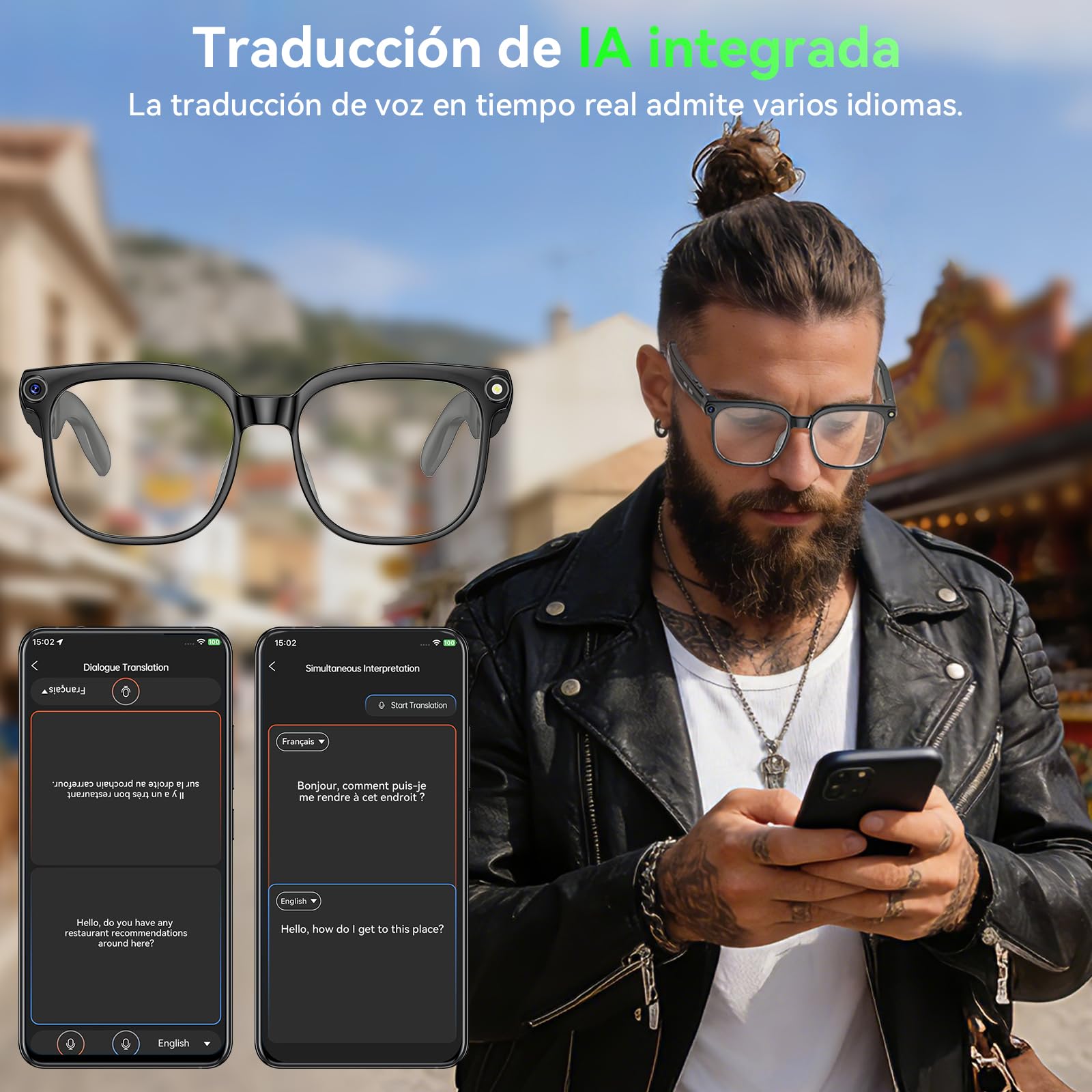 Hwagol Gafas Inteligentes IA, Gafas con Camara 8MP, Smart Glasses con Fotografía/Grabación/Llamadas Bluetooth/Música/Traducción/Reconocimient Imágenes