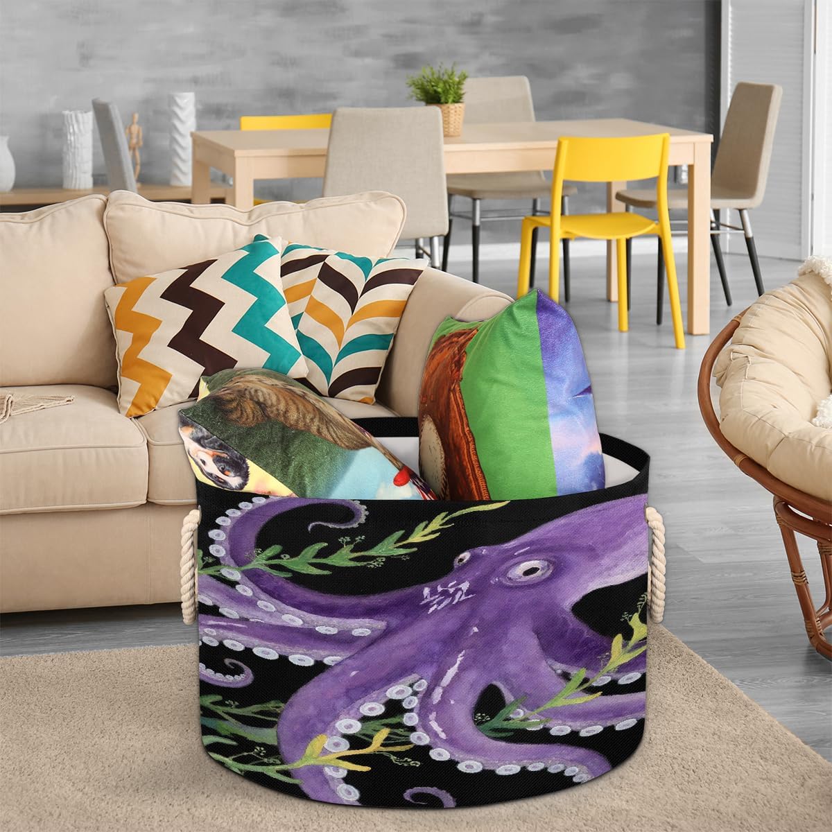 Large Storage Baskets - Octopus Ocean Purple Nursery Round Collapsible Organizer Bin Box, Laundry Hamper for Kids Toys, Blanket, Bedroom Living Room Home Decor, Gift Basket, 19.4"x13.3"