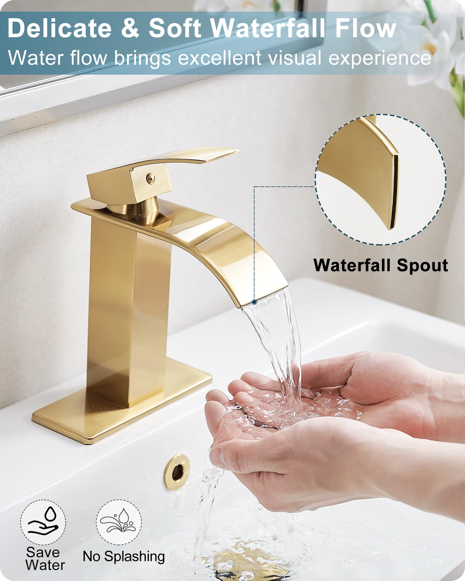 Grifo de baño Dorado con Efecto Cascada, grifos de baño de latón de un Orificio o de Tres Orificios de 4 Pulgadas, Grifo de Lavabo de baño Monomando con Placa de Cubierta y desagüe.