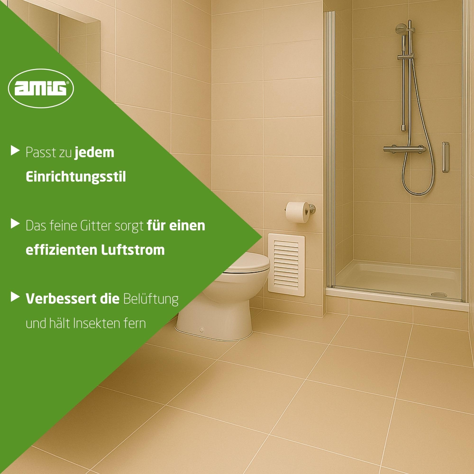 Amig - 6er-Pack rechteckige Kunststoff-Lüftungsgitter mit Insektenschutz - Lüftungsgitter für Luftaustritt - Ideal für Küchen- und Badezimmerdecken - Maße: 200 x 120 mm - Farbe: Weiß