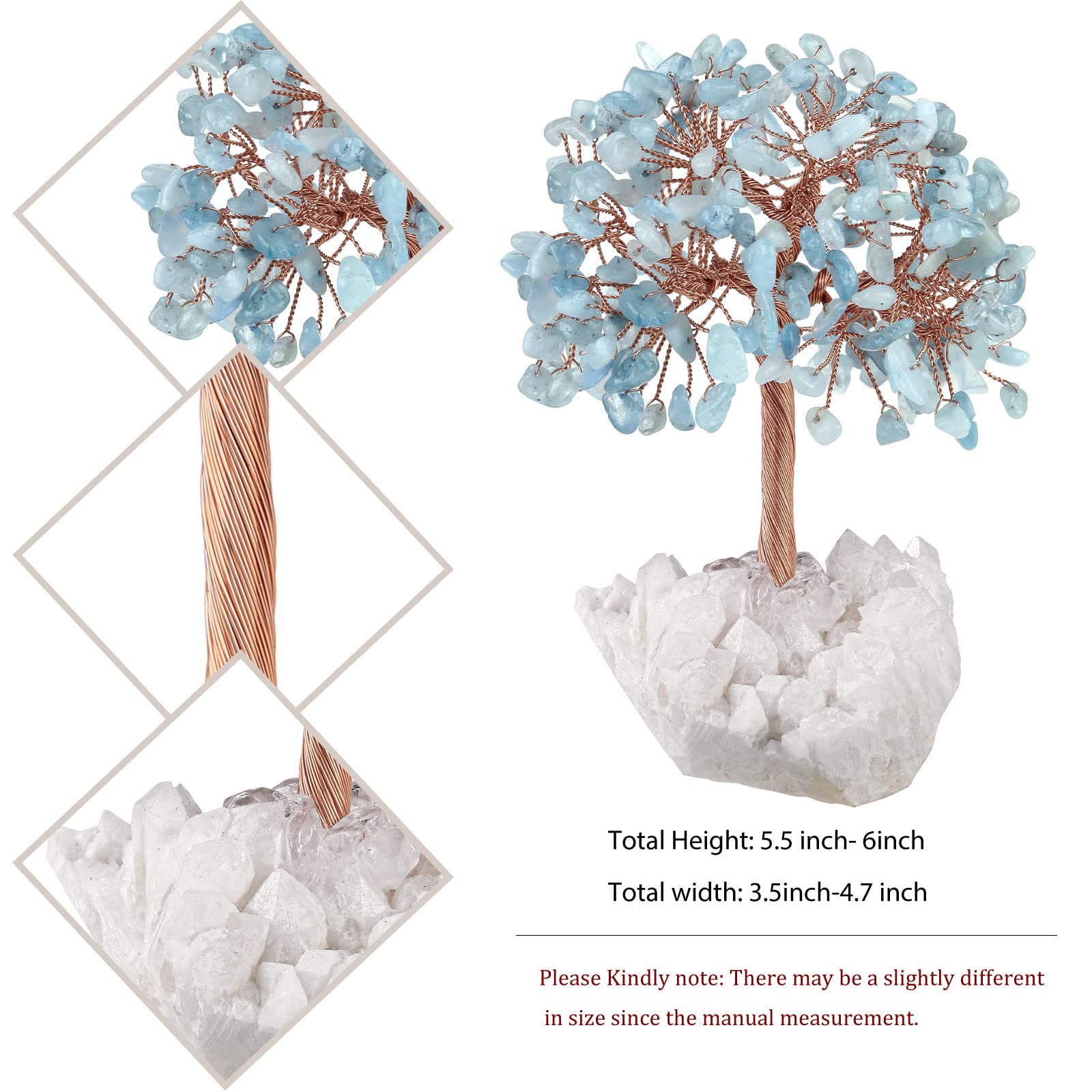 mookaitedecor Natural Blue Aquamarine Crystal Tree of Life Ornament for Home Reiki Healing Crystal Money Tree Stone Bonsai Tree with Clear Quartz Base Feng Shui Ornament Gift for Wealth Good Luck - Image 2