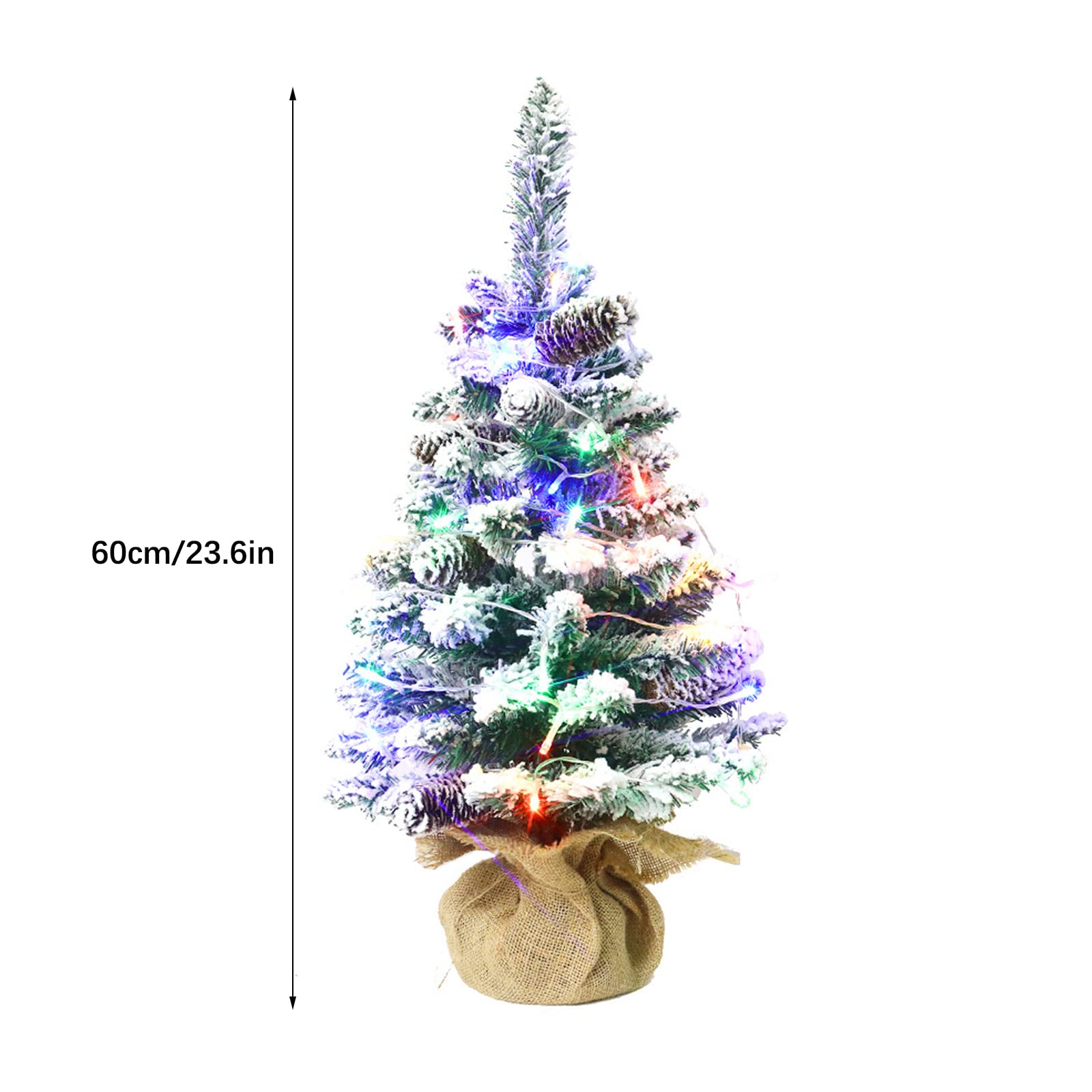 Mini Sapin de Noël Artificiel Mini Sapin de Noël Sapin de Noël Artificiel Floqué en Neige Sapin de Noël Miniature avec Base en Lin pour Décorations de Noël (60CM avec lumière