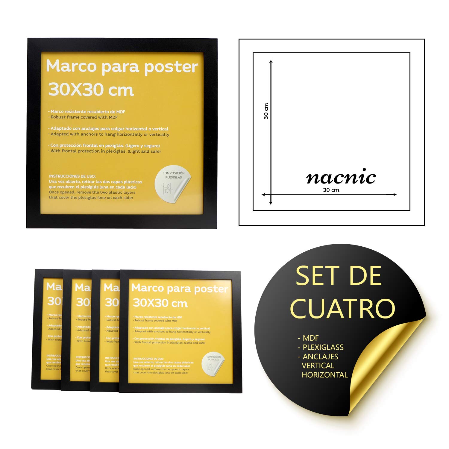 Nacnic Set di 4 cornici nere per foto 30x30cm. MDF e plexiglas di alta qualità. Set di cornici quadrate da appendere. Decorazione con poster, stampe, diplomi, pinacoteche e cornici da regalo.