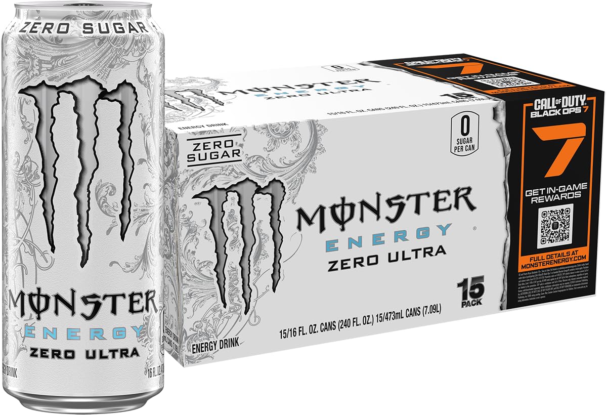 MonsterEnergy Zero Ultra, Sugar Free Energy Drink, 16 Ounce (Pack of 15)