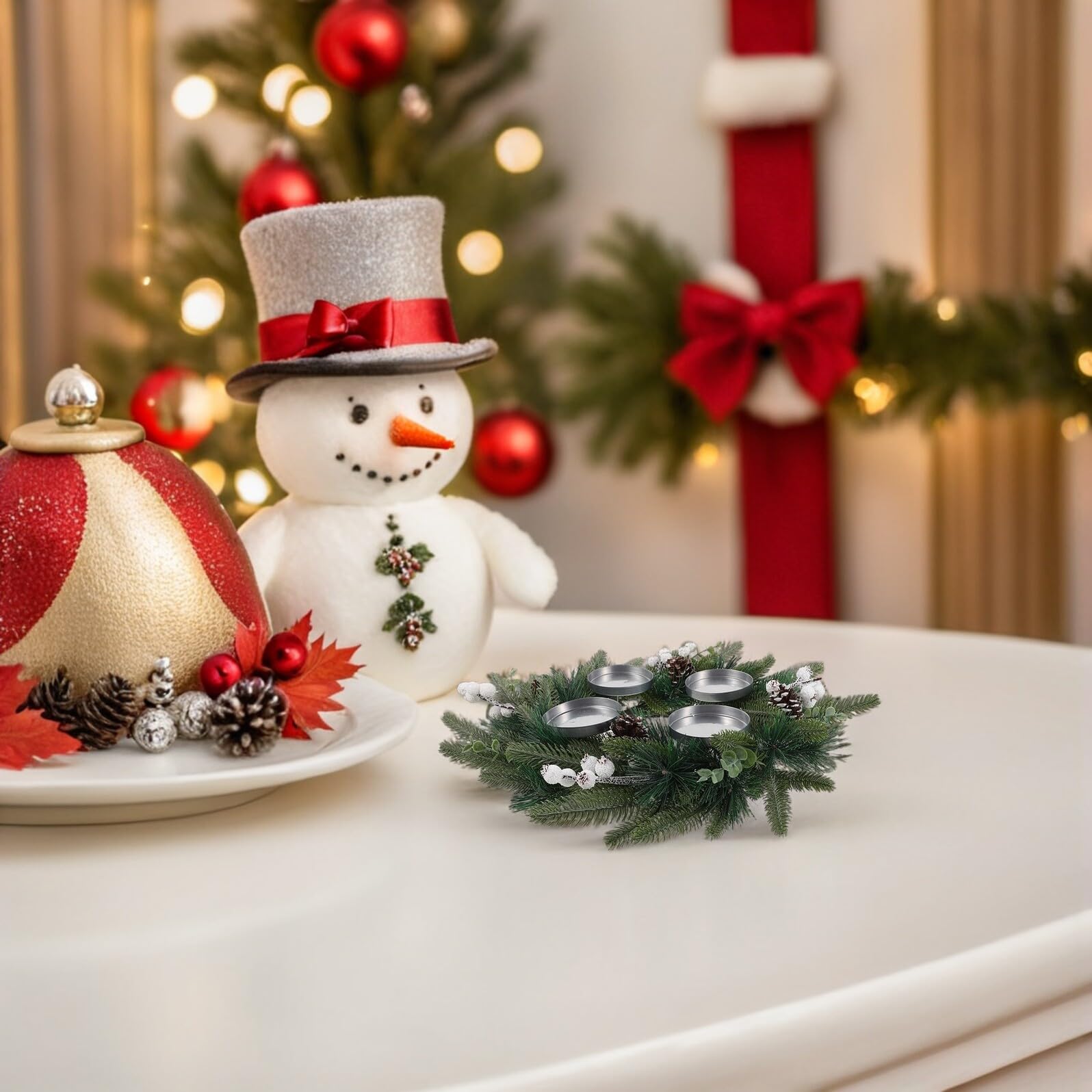 Anillo de Adviento de Navidad Portavelas de Vela de Pino Artificial Cono y Bayas para Chimenea de Centro de Mesa Navideña Decoración de Guirnalda Navideña