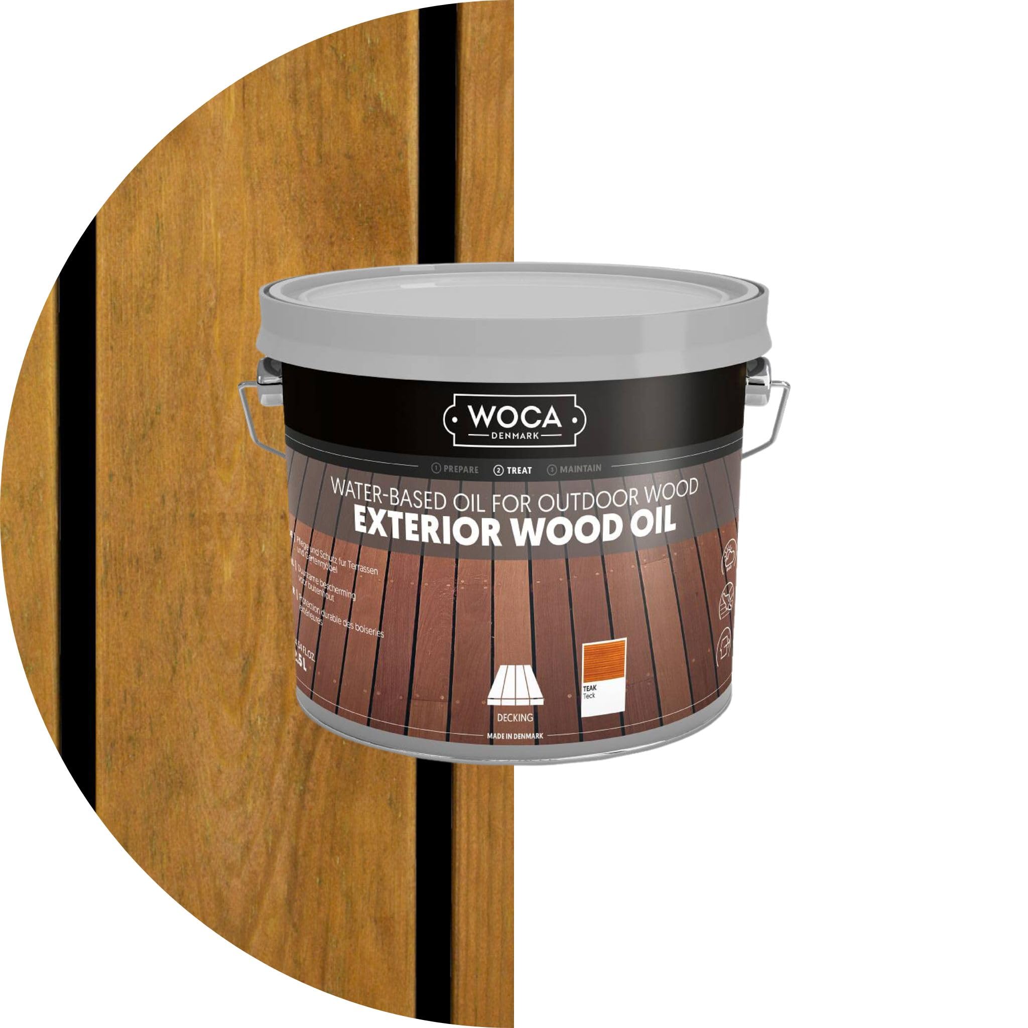WOCA Exterior Wood Oil Teak, Danish Decking Oil for Outdoor Wood, Garden Furniture and Cladding, Water-Based UV Protection, 2.5 L