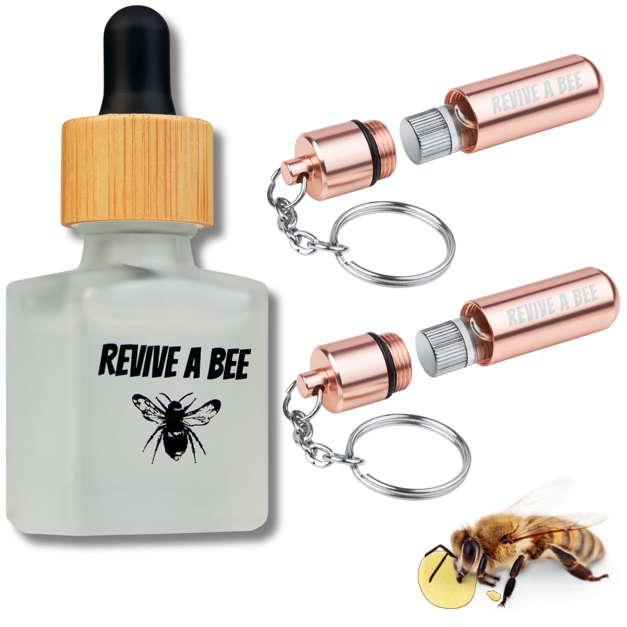 Revive a Bee Gift Box 2 x Bee Revival Kit Keyrings 1x Refill Bottle & Plantable Seed Paper (2 Rose Gold)