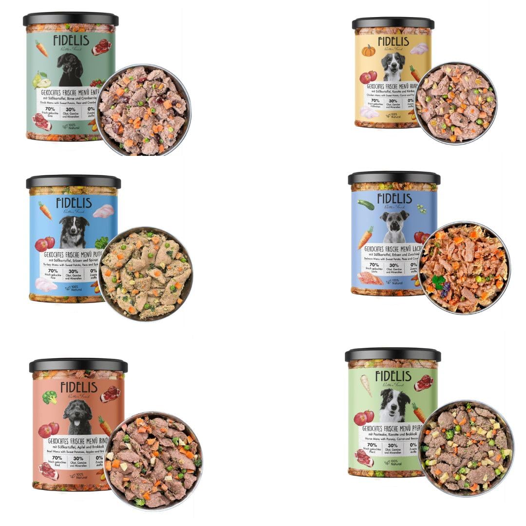 ANIMALUJOS Mix Comida Cocinada Casera para Perros y Cachorros, Sabores Salmón, Pavo, Pollo, Ternera, Caballo y Pato, 6 Unidades x 400g - 100% Natural y Sin Aditivos - Fidelis