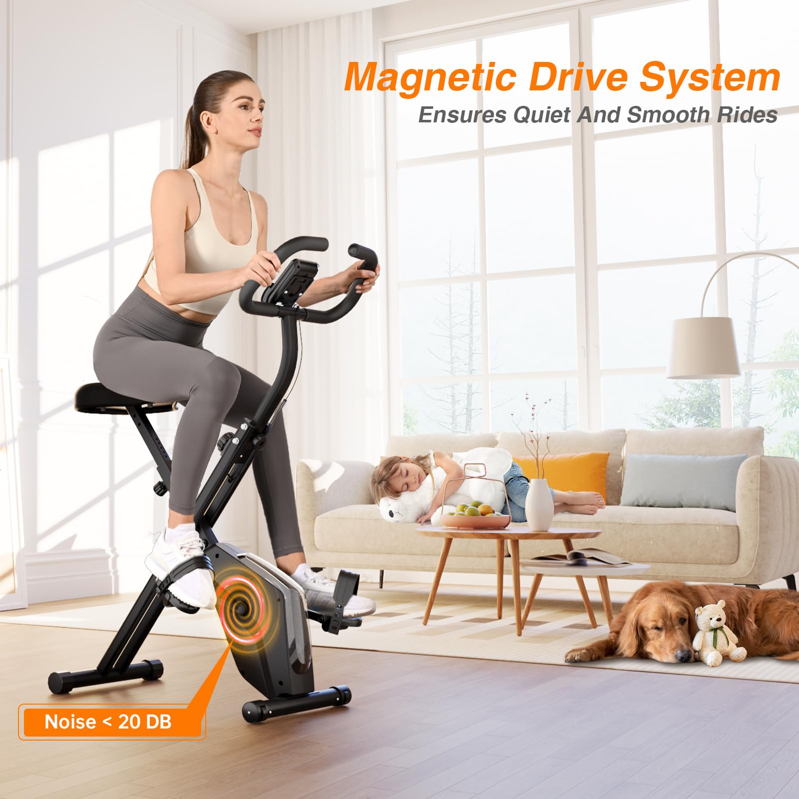 Dskeuzeew 4 in 1 Faltbarer Heimtrainer, 16 Magnetischer Widerstand Heimtrainer mit Herzfrequenzsensoren, Einstellbares Fitnessbike mit LCD - Faltbares stationäres Fitnessfahrrad für Indoor-Radfahren
