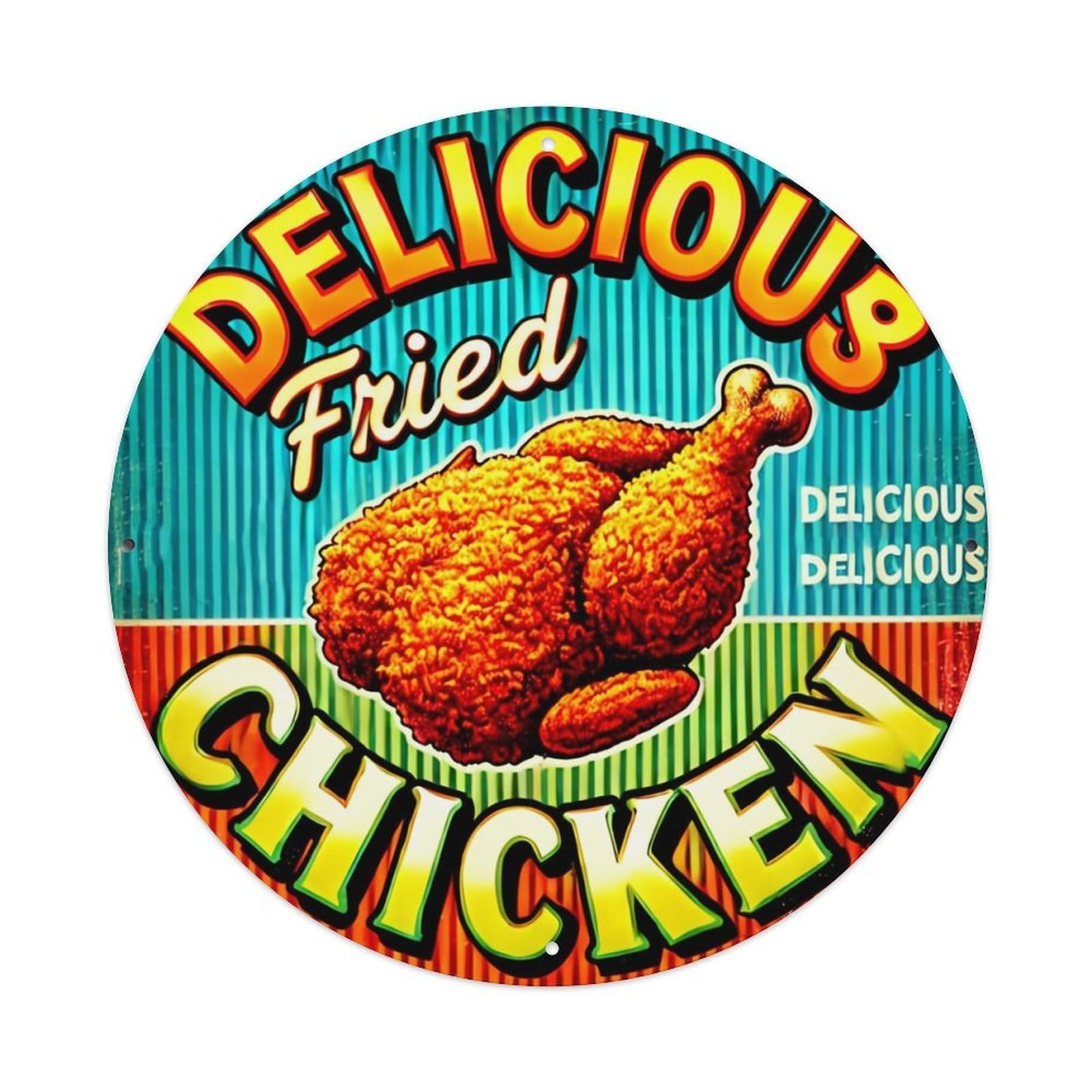 Delicious Fried Chicken Pattern Print Retro Metal Sign Round Tin Sign, Vintage Decor Art Poster for Bar, Home, Man Cave, Kitchen, Laundry Room Gift 8x8Inch