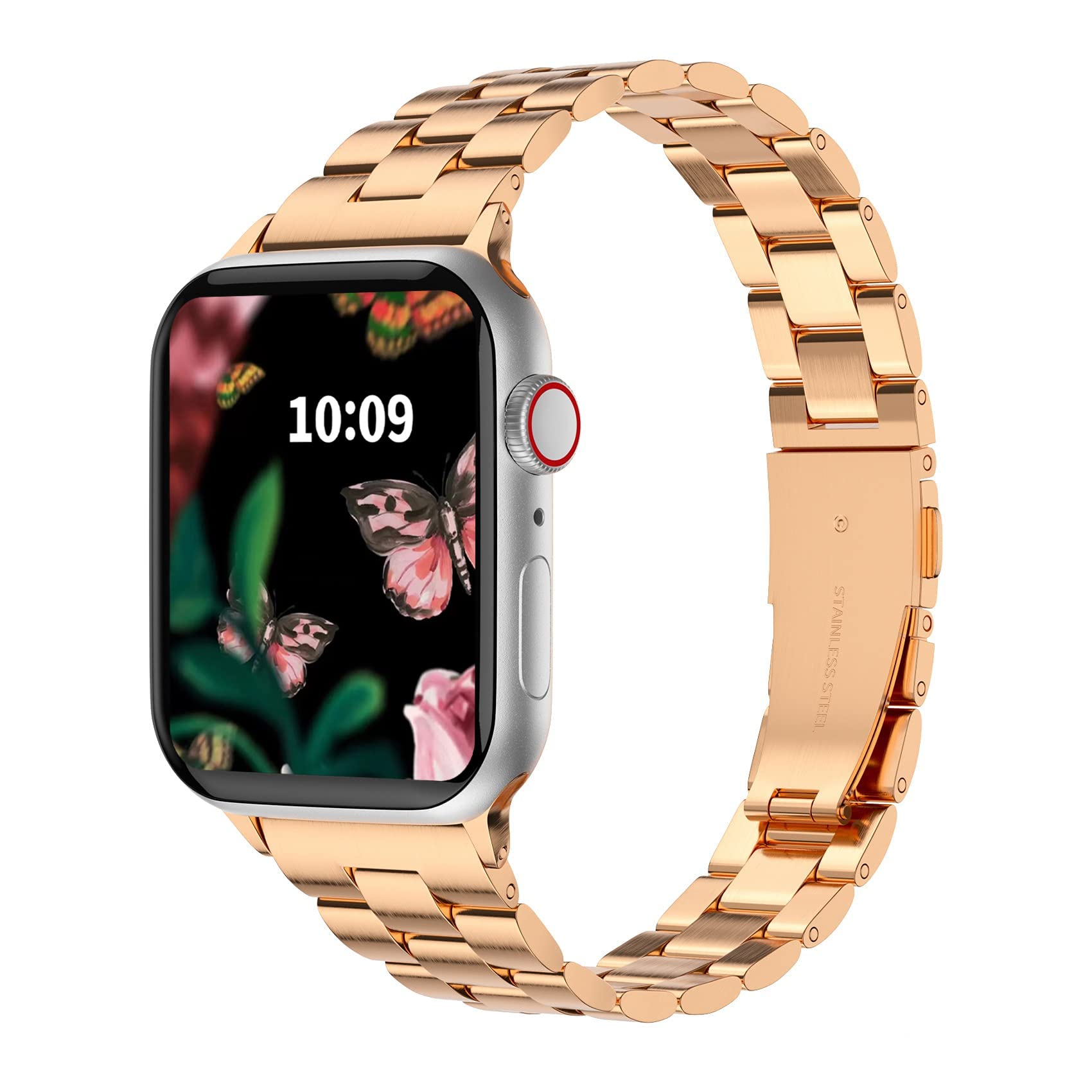 Fitlink Ultra-Slim Brushed Stainless Steel Apple Watch Band, for 38/40/41/42/44/45/49mm iWatch Series 10 All Series/SE/Ultra 2 with Butterfly Buckle