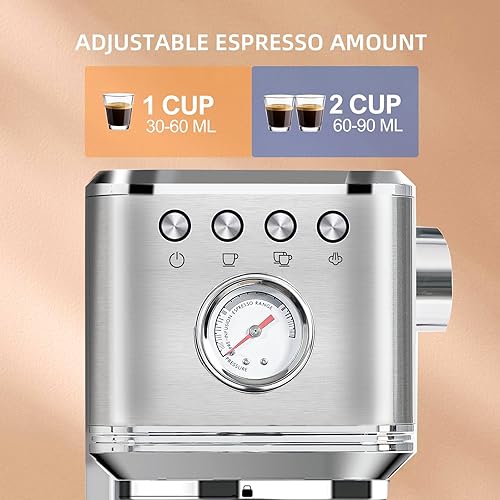 Miniatura 2 de CHULUX Kom-Pro - Máquina de café espresso de 20 bares, máquina de café semiautomática de acero inoxidable para el hogar, cafetera de café con leche