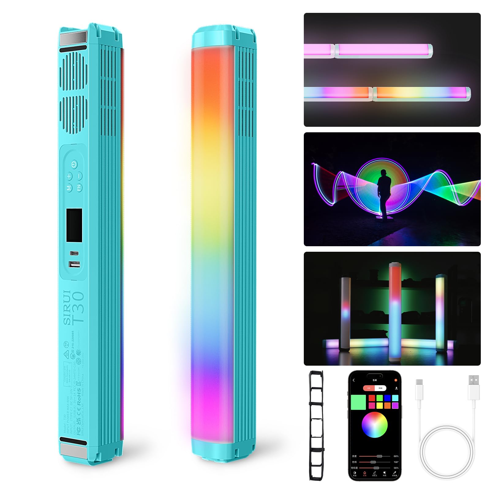 SIRUI 30W RGB LED Video Light Stick, T30 Magnetic Tube Light, 2500K~7000K, 2580 lux/0.5m, TLCI 98, CRI 96, 6 Pixel Effects, Full-Color LED Light,