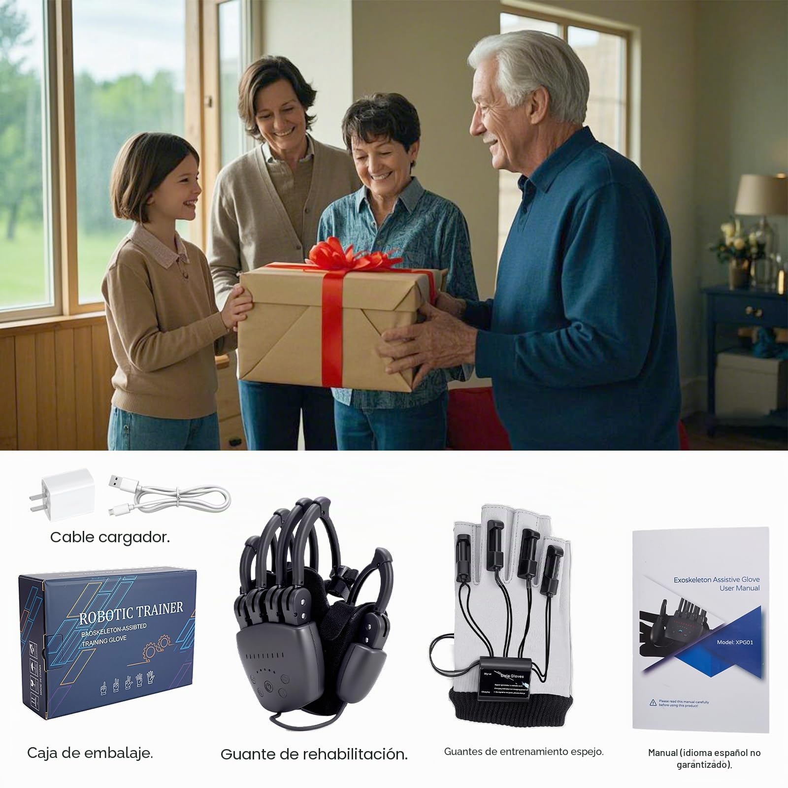 Recargable Guantes de rehabilitación robótica para hemiplejía, guantes de tratamiento para pacientes con ictus, aparato de fisioterapia para rehabilitación de la rigidez de la mano (Left hand-L)